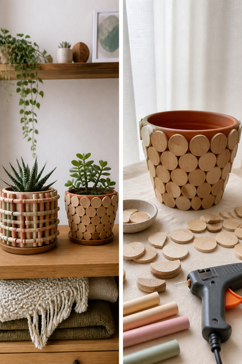 Geometric planters made with wooden dowels and ceramic pots.