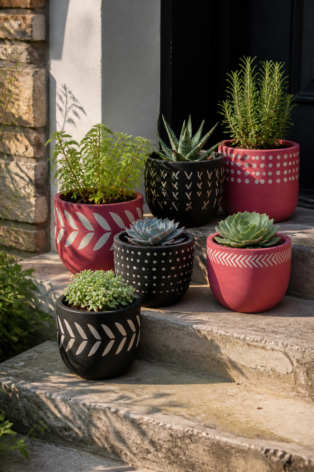 Colorful terra cotta planters with succulents on a concrete stoop.