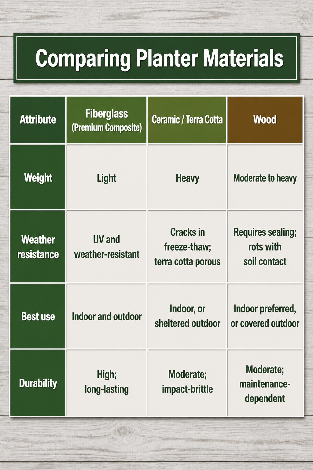 Infographic comparing different planter materials and their characteristics.