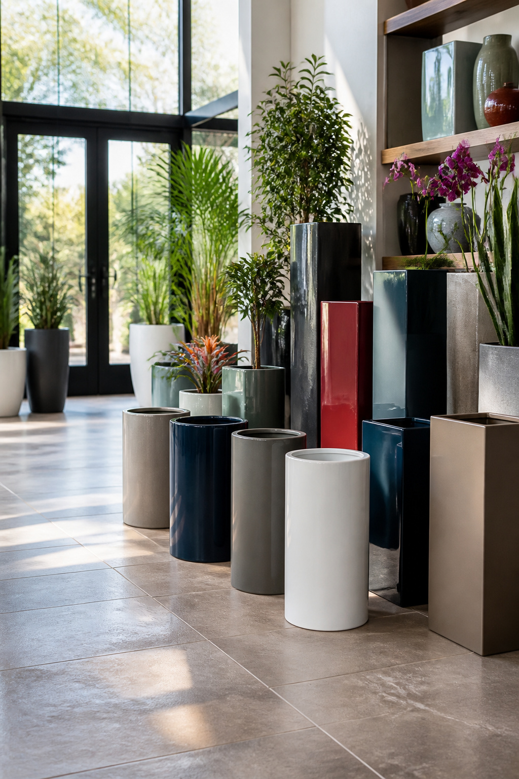 Custom planters in multiple colors and shapes arranged in a bright entryway.