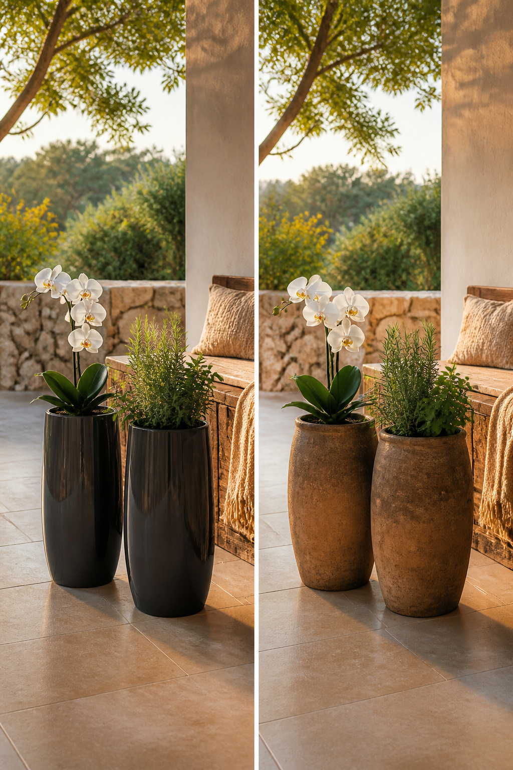 Fiberglass planters positioned indoors and outdoors with visible drainage options.