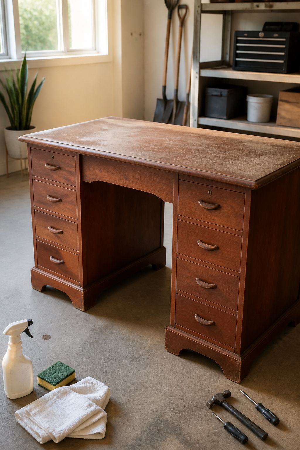 Weathered mahogany desk showing dust and cleaning supplies.