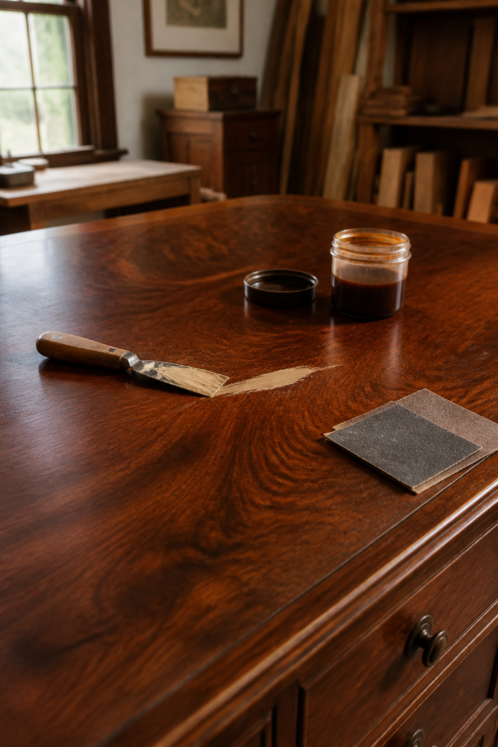 Wood filler being applied to a scratch on the desk surface.