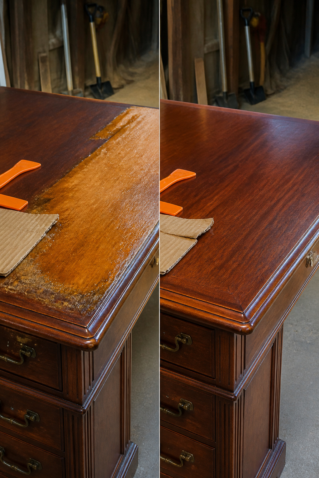 Desk being stripped with Citristrip, revealing bare wood.