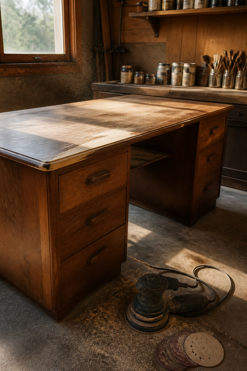 Desk surface being sanded, showing fine wood dust in sunlight.