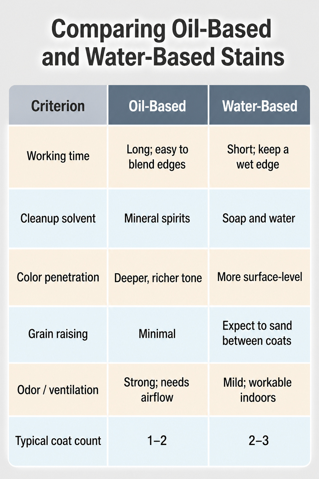 Chart comparing oil-based and water-based stains for wood.