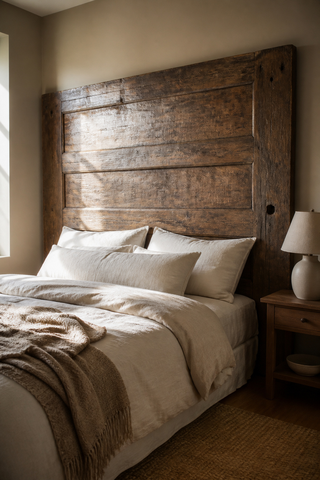 A headboard reaching wall to wall above a bed.