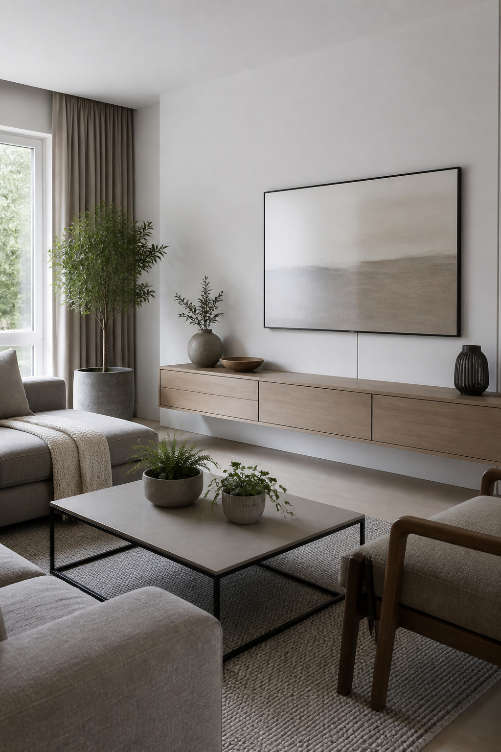A wall-mounted screen and concealed cables in a living room.