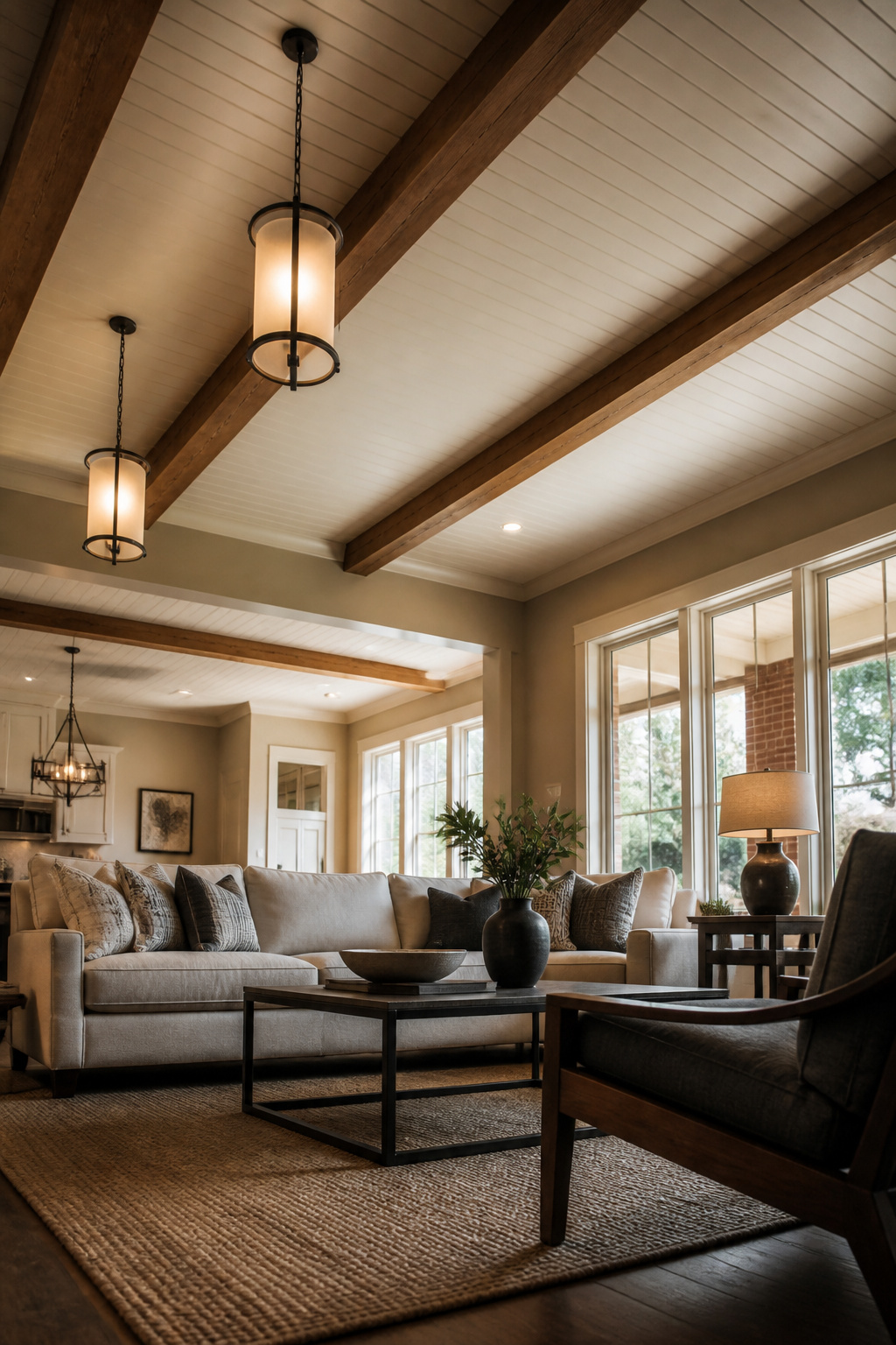 A ceiling with beadboard texture in a room.