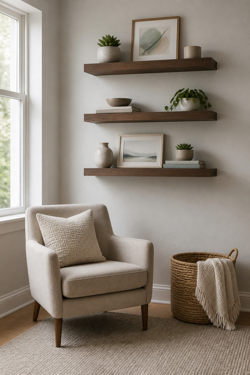 Stylish floating shelves holding decorative objects on a wall.