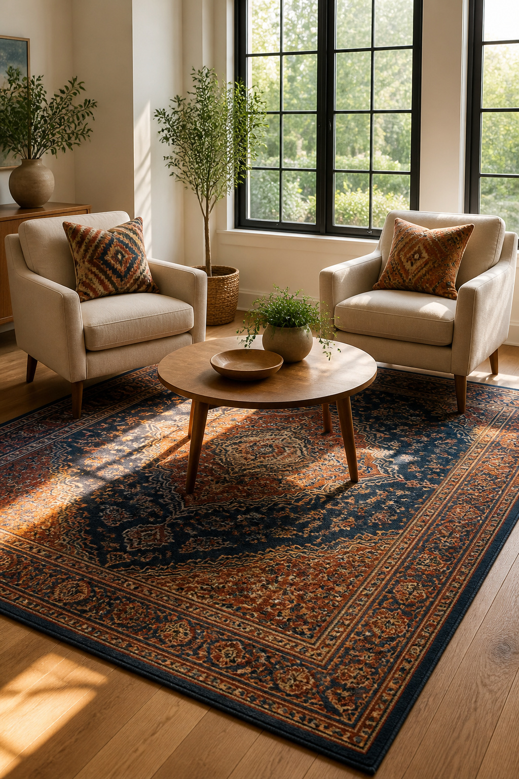 A colorful statement rug under a seating arrangement.