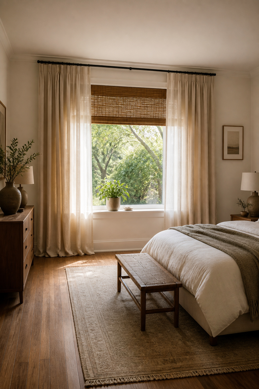 Floor-length curtains and shades framing a window.