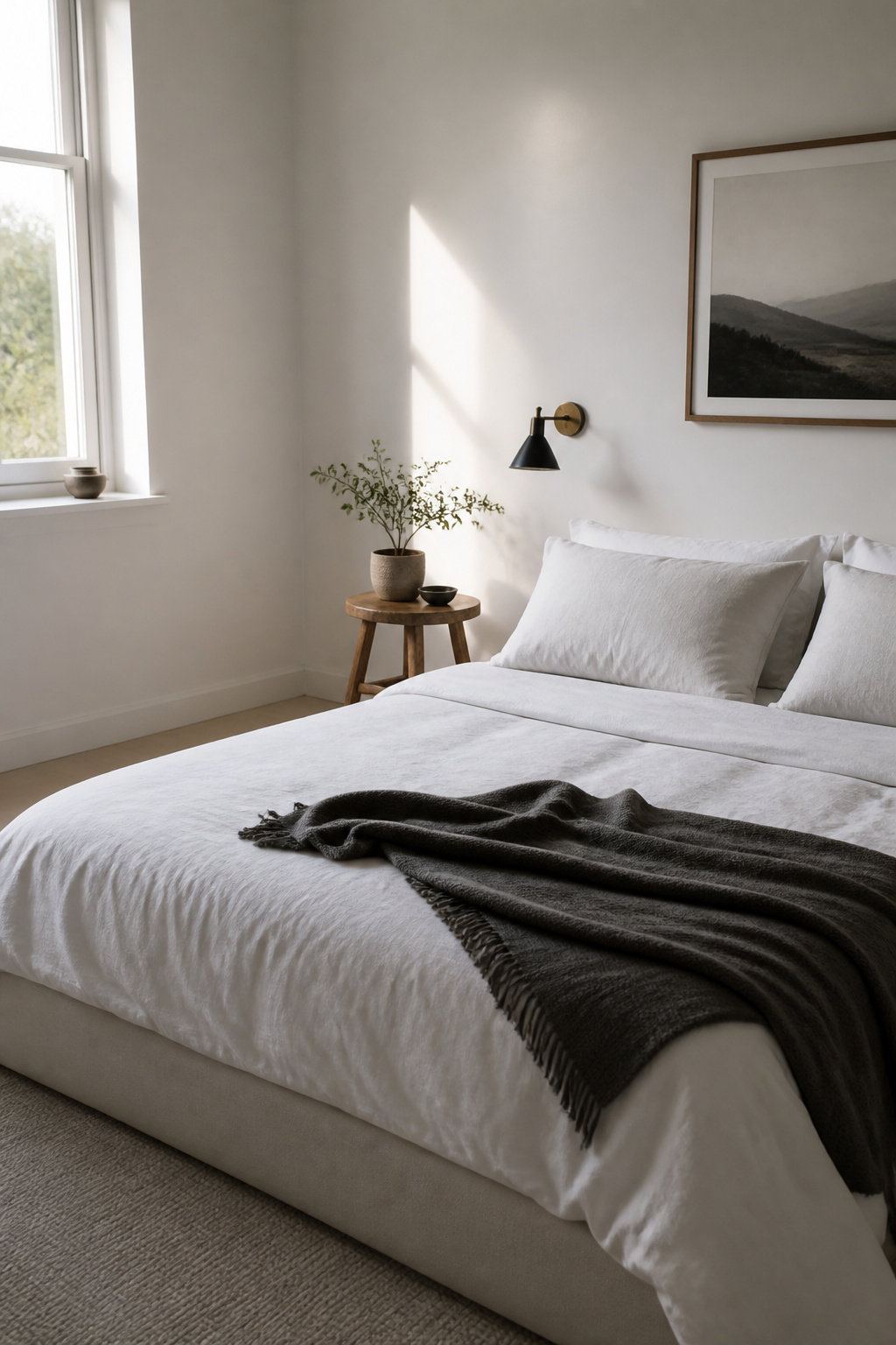 A simple bedroom with minimal decor and a low-profile bed.
