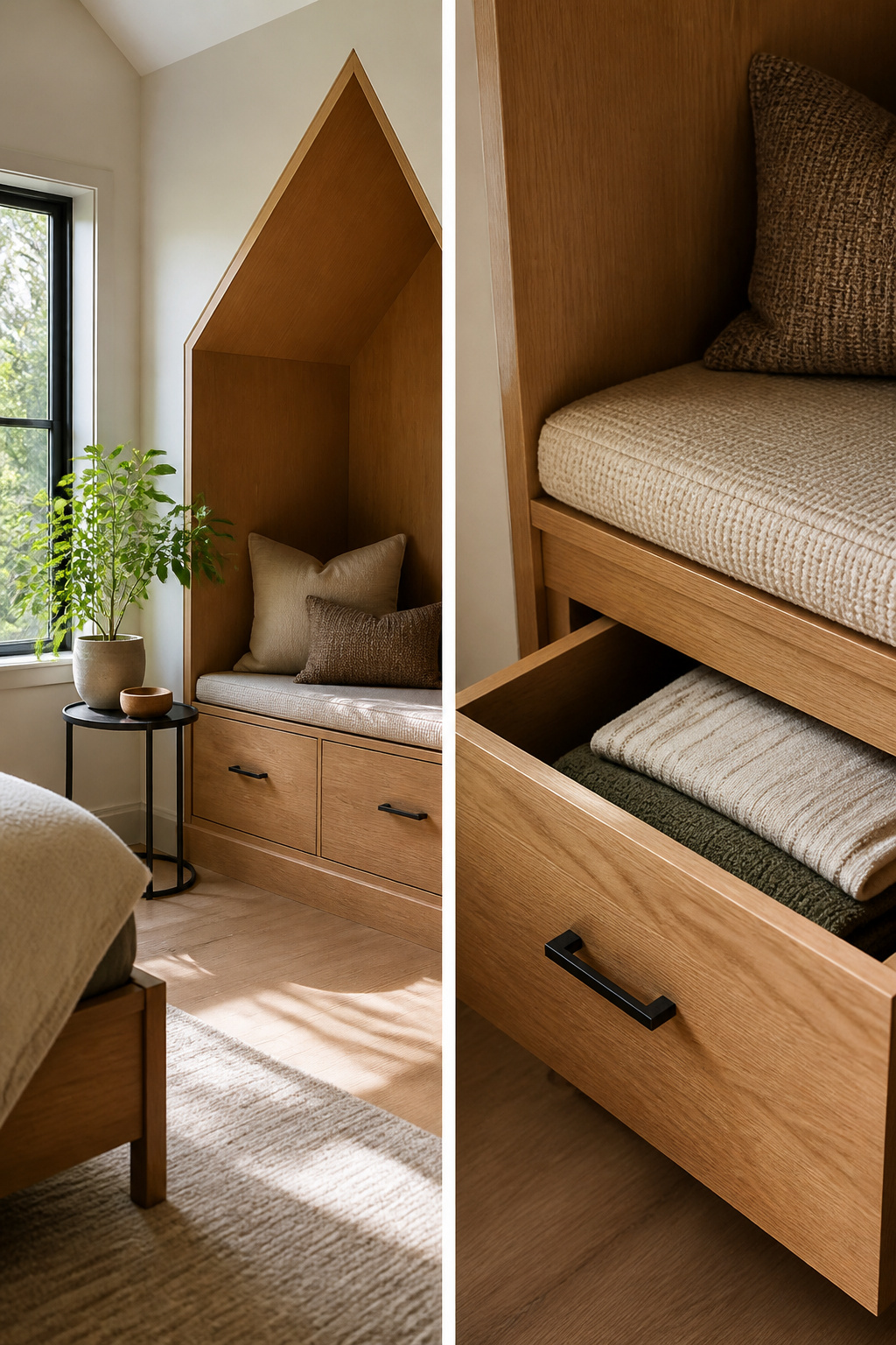 Custom built-in storage around a dormer window.