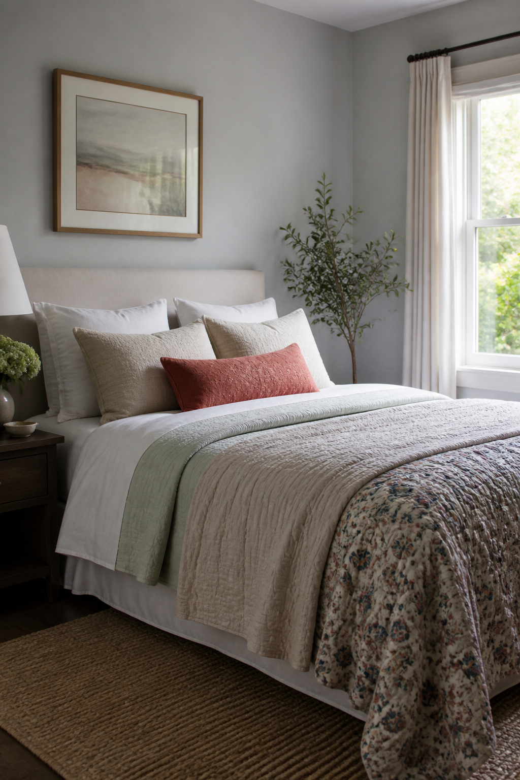 A neatly made bed with layered bedding and decorative pillows.