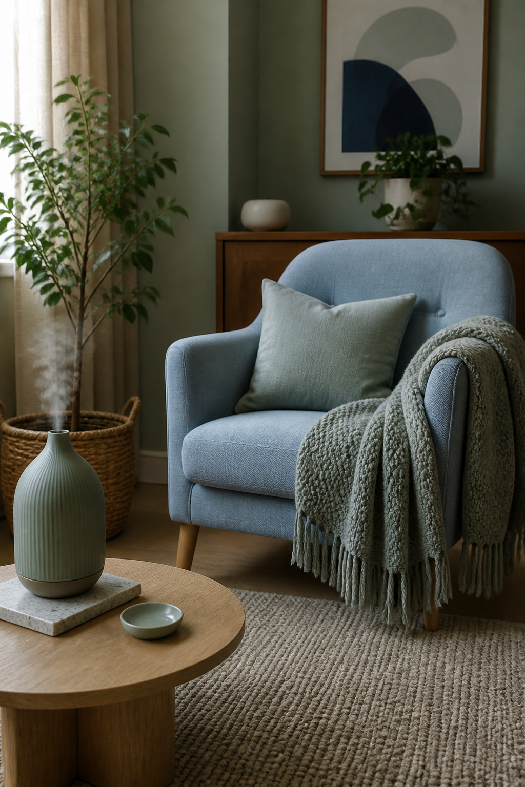 A reading corner with a diffuser and cozy chair.
