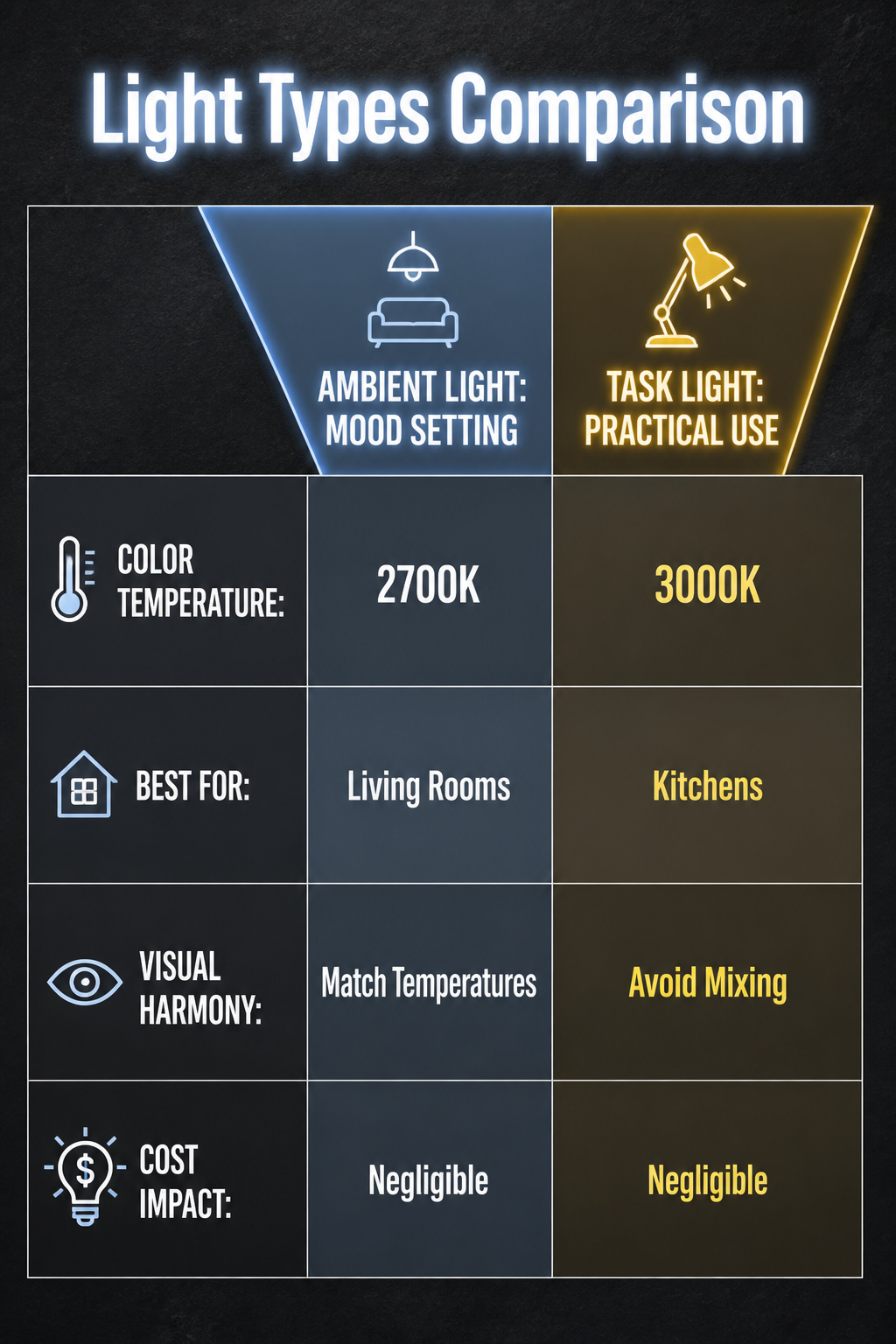 A comparison of different types of lighting in a room.