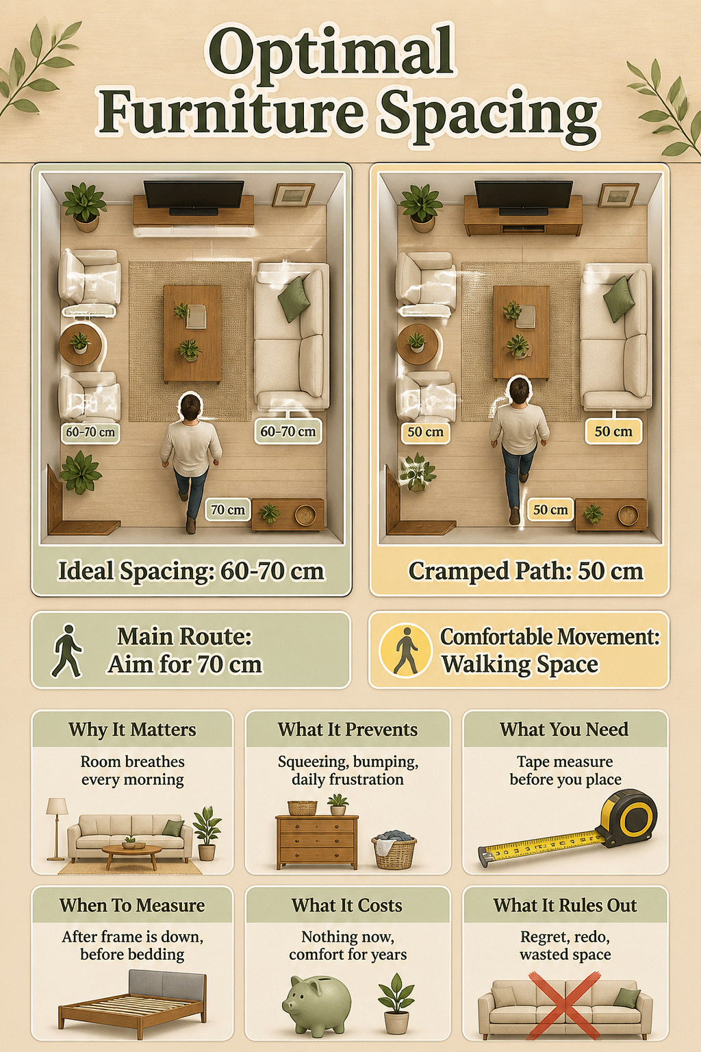 An illustration showing optimal furniture spacing in a room.