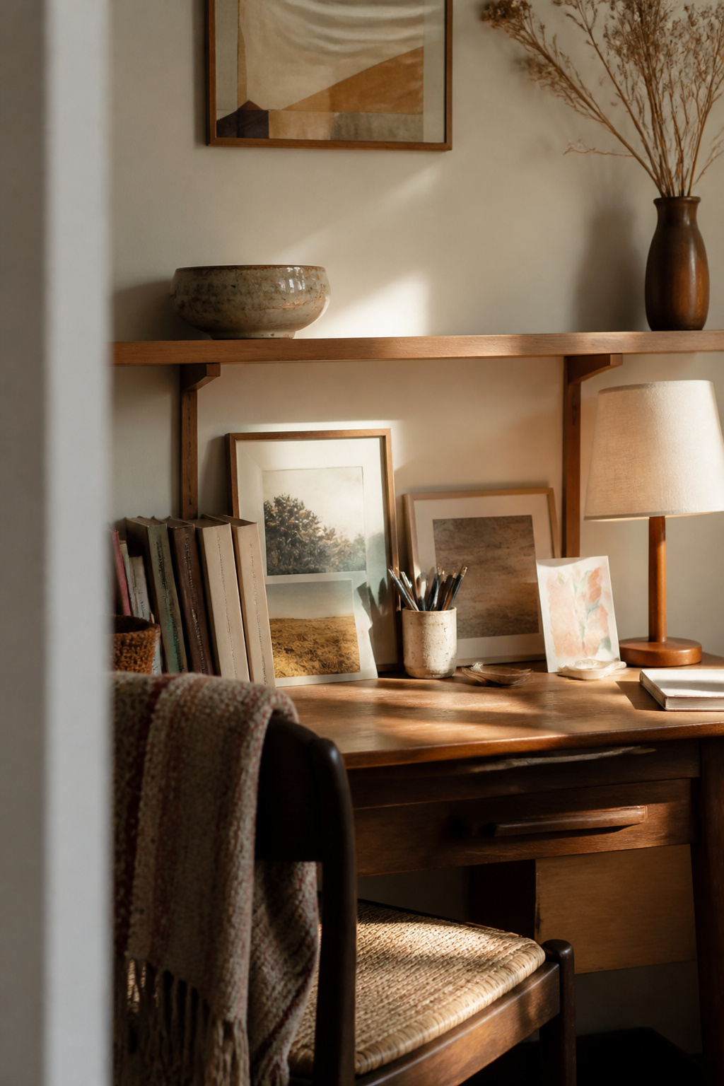 A desk with a vintage bowl and framed photos.