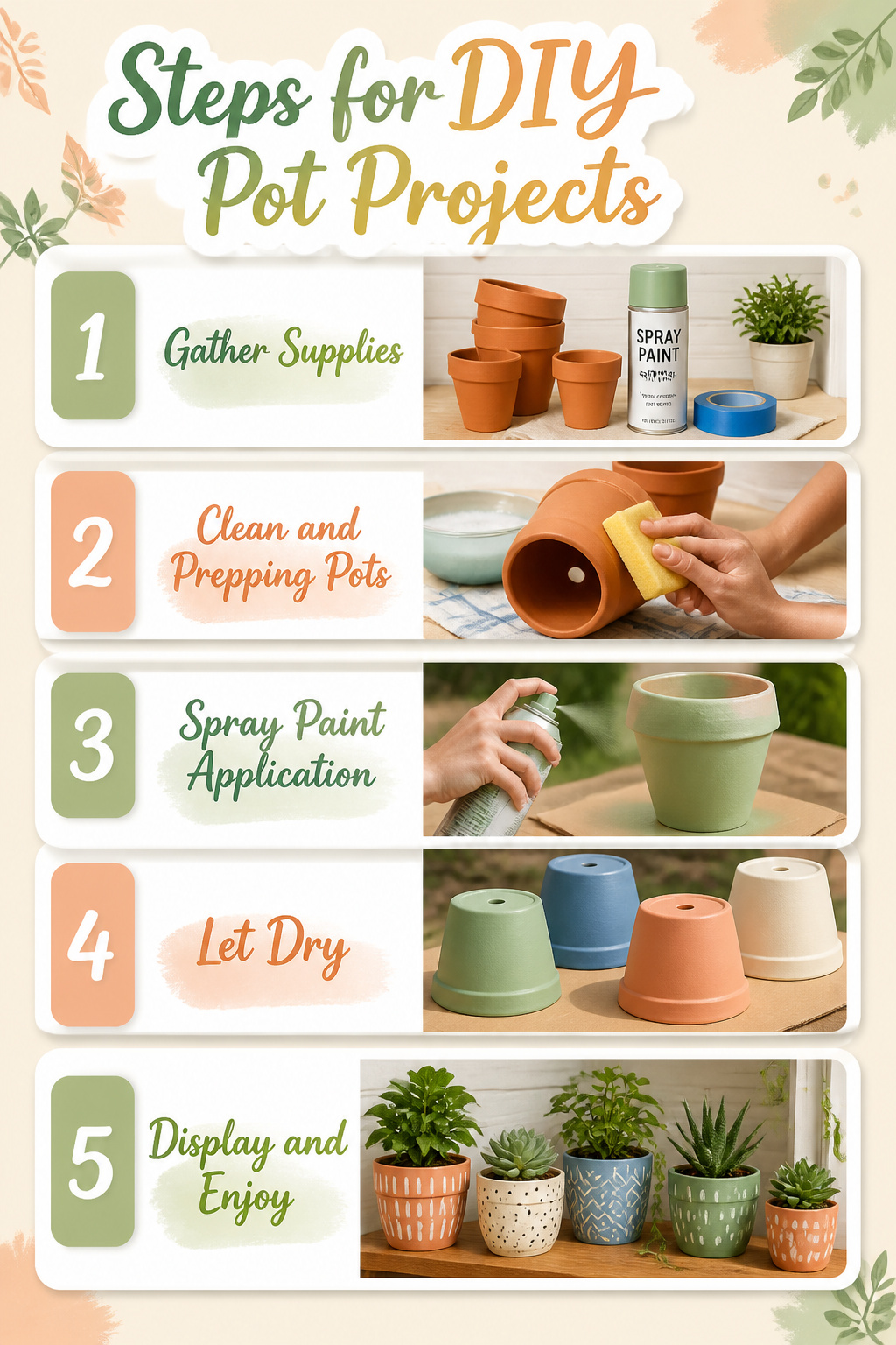 Steps for creating DIY pot projects laid out on a table.