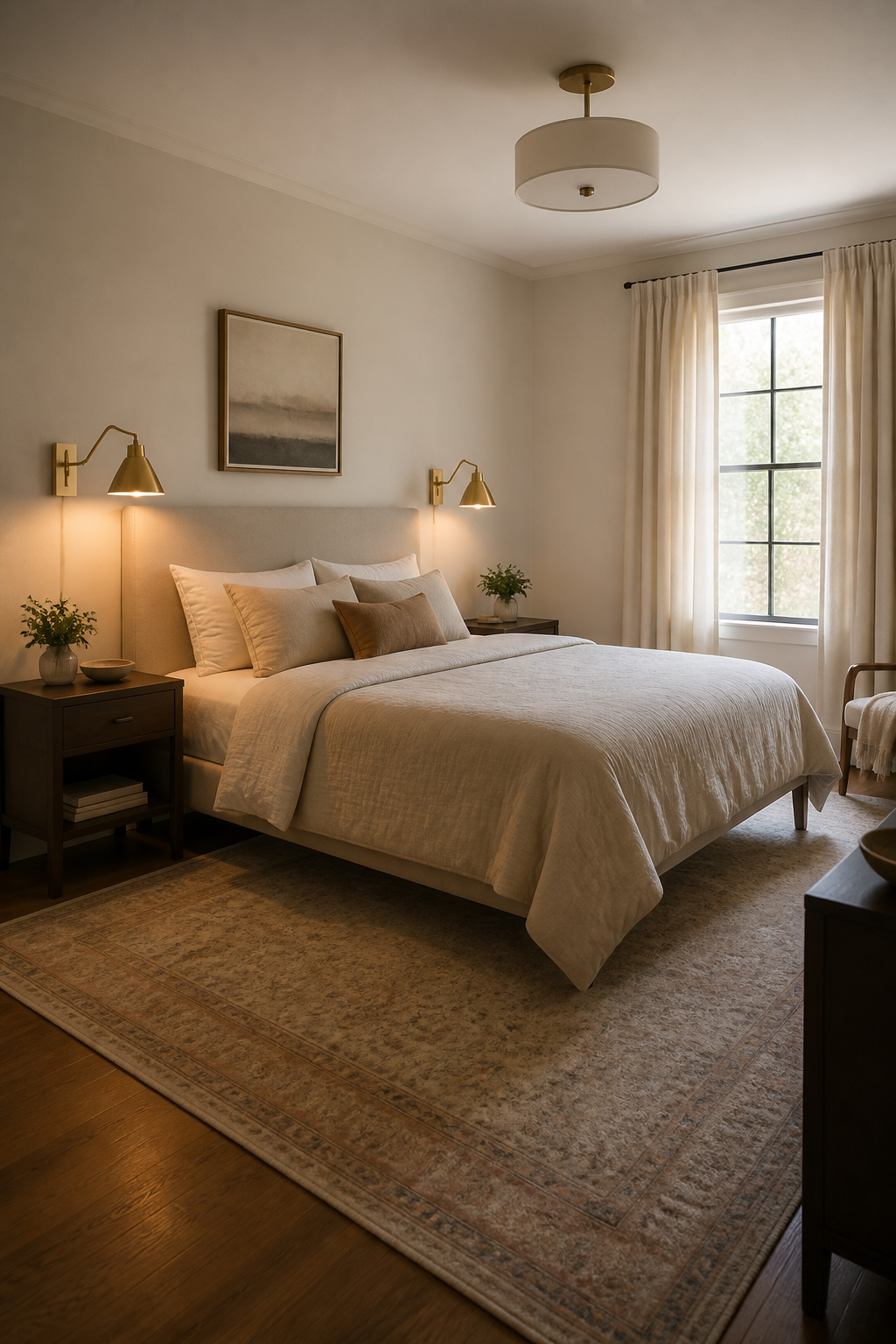 Sconces mounted on the wall next to a bed.