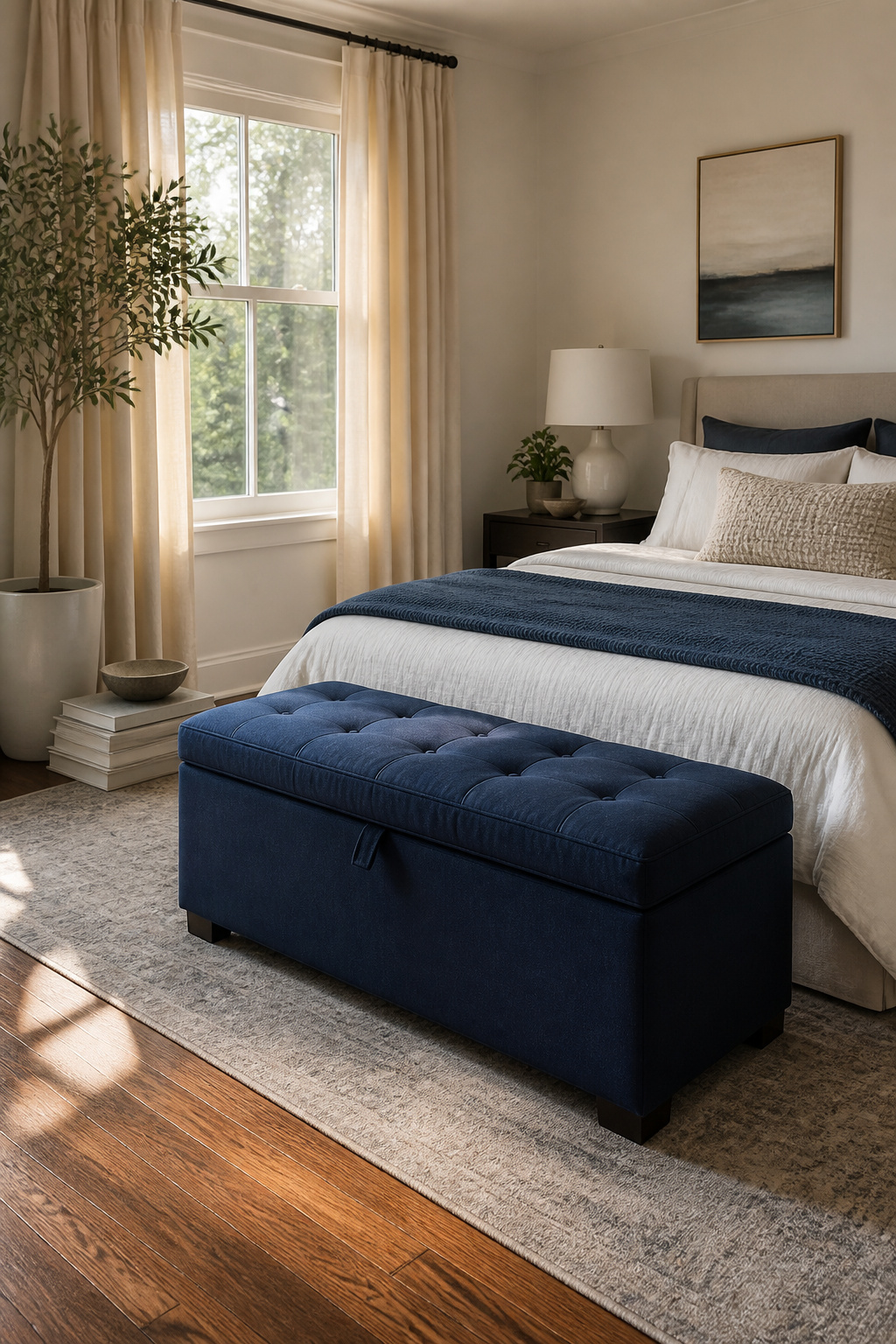 A storage ottoman at the foot of a neatly made bed.