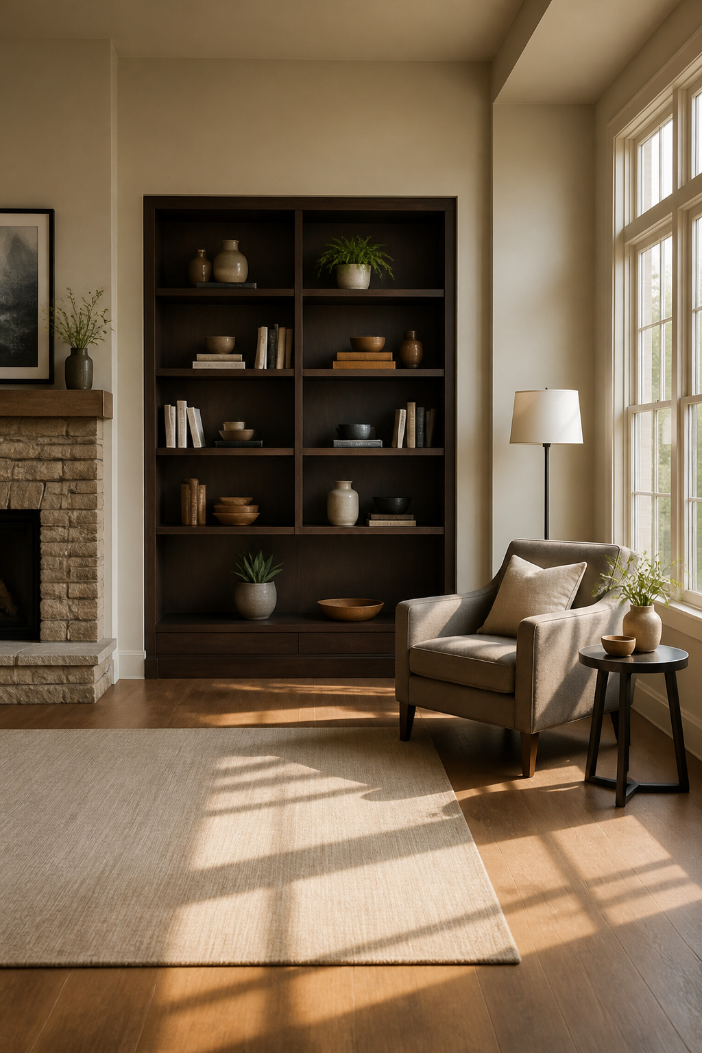 A neatly arranged bookshelf with books and decorative objects.
