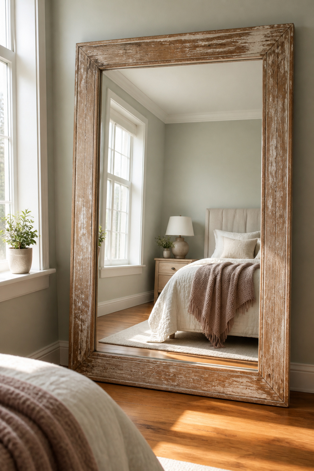 A large mirror mounted on a wall in a bedroom.