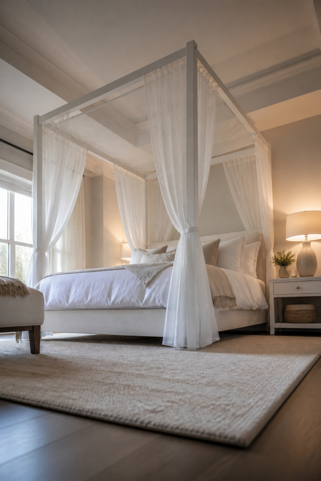 A bed with curtains mounted to the ceiling for a canopy effect.