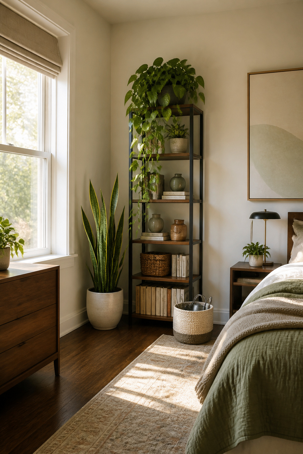 A pothos plant on a windowsill and a snake plant in the corner.