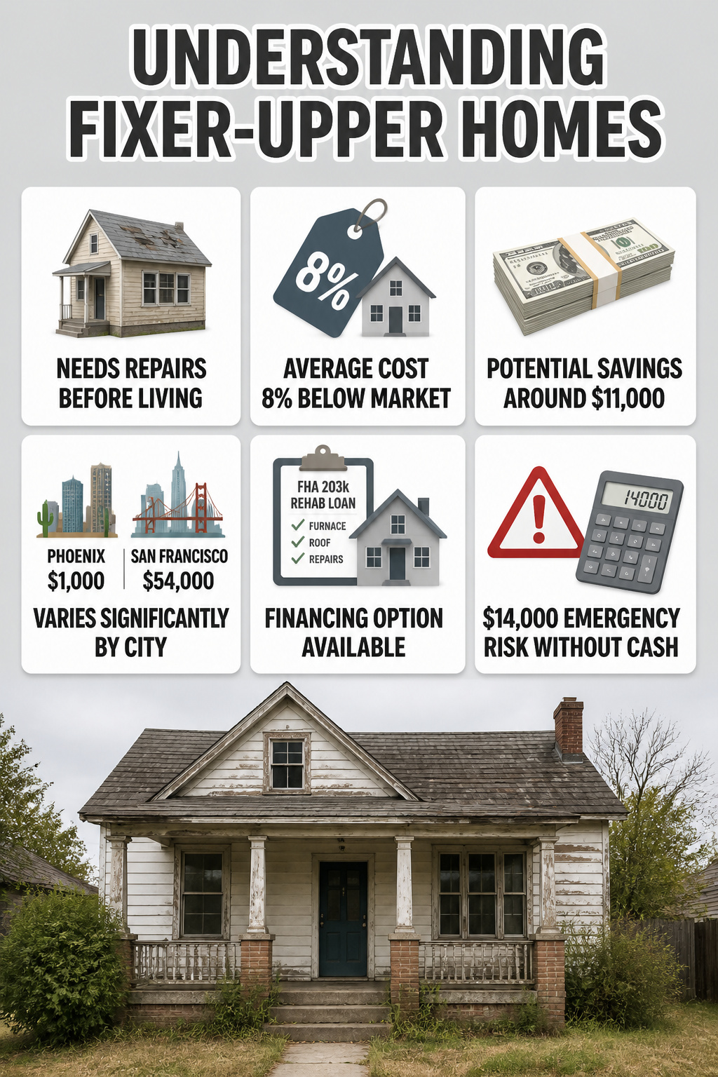 An information image titled 'Understanding Fixer-Upper Homes'.