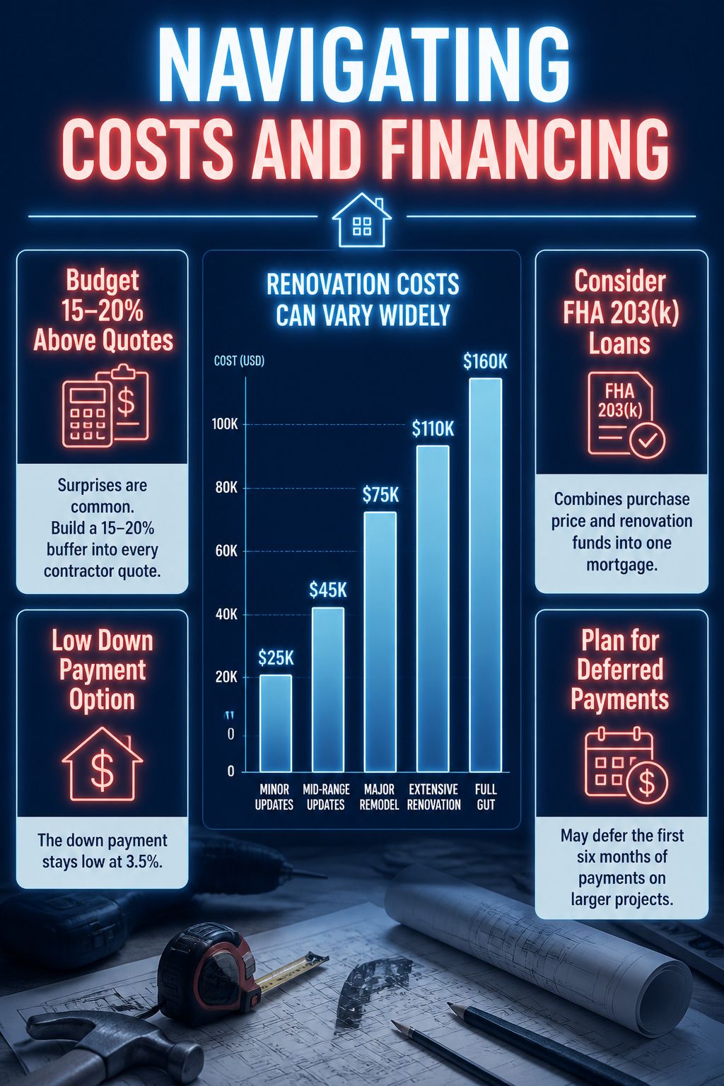 An information image titled 'Navigating Costs and Financing'.