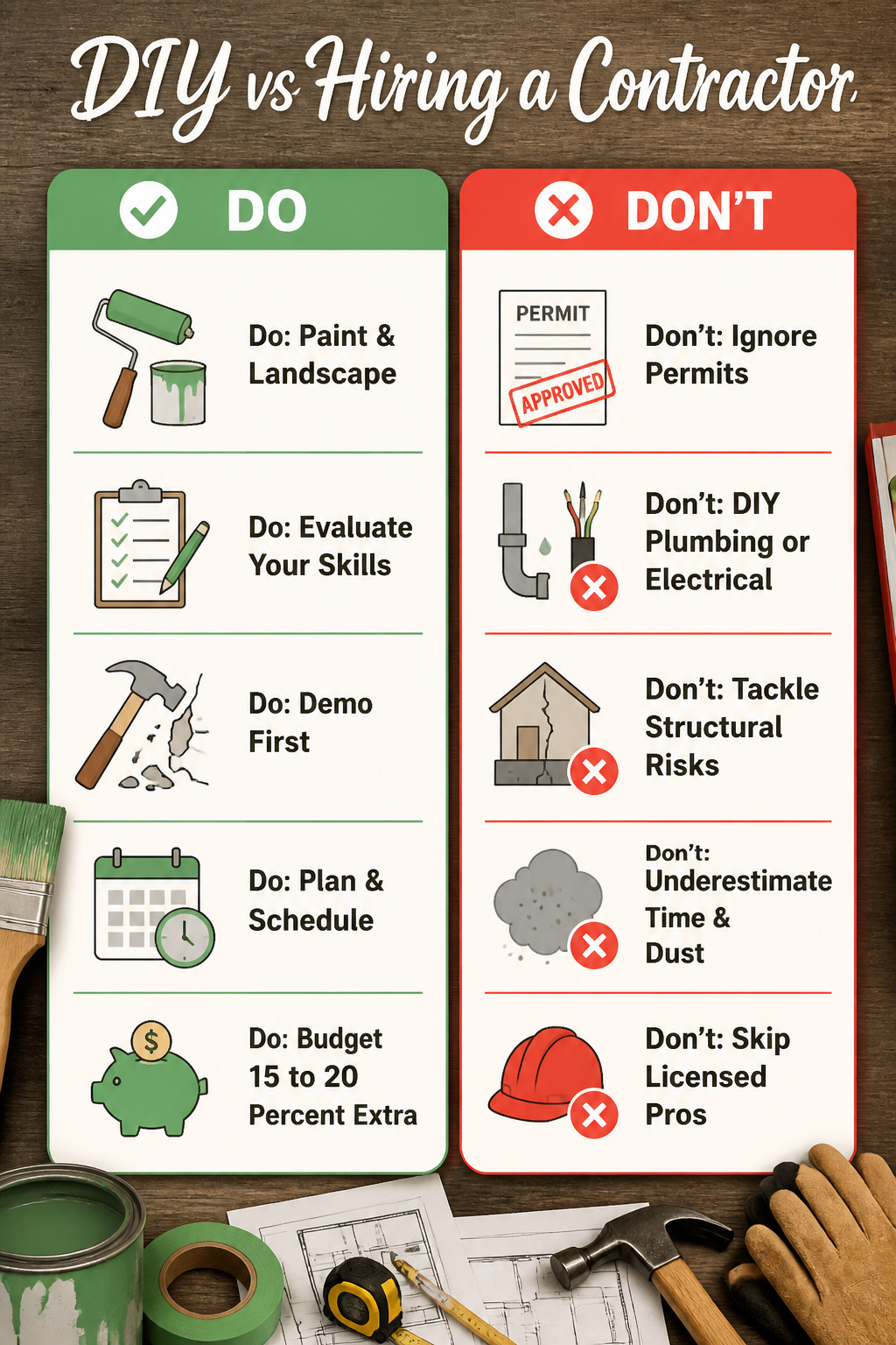 An information image titled 'DIY vs Hiring a Contractor'.