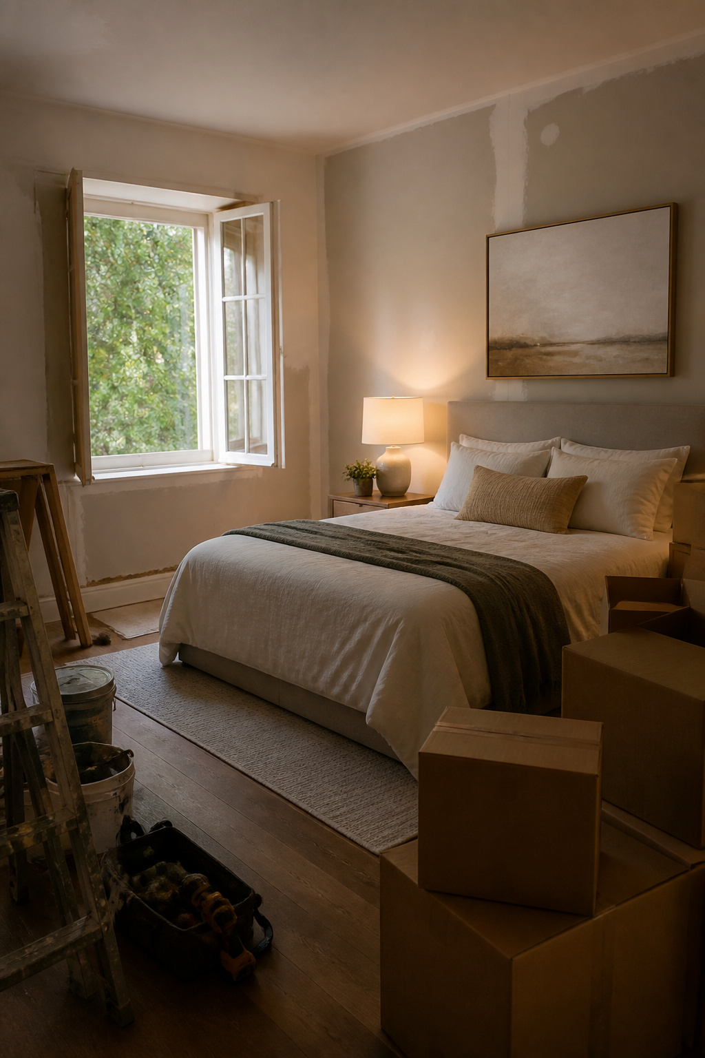 A styled bedroom amidst ongoing renovation with unpacked boxes.