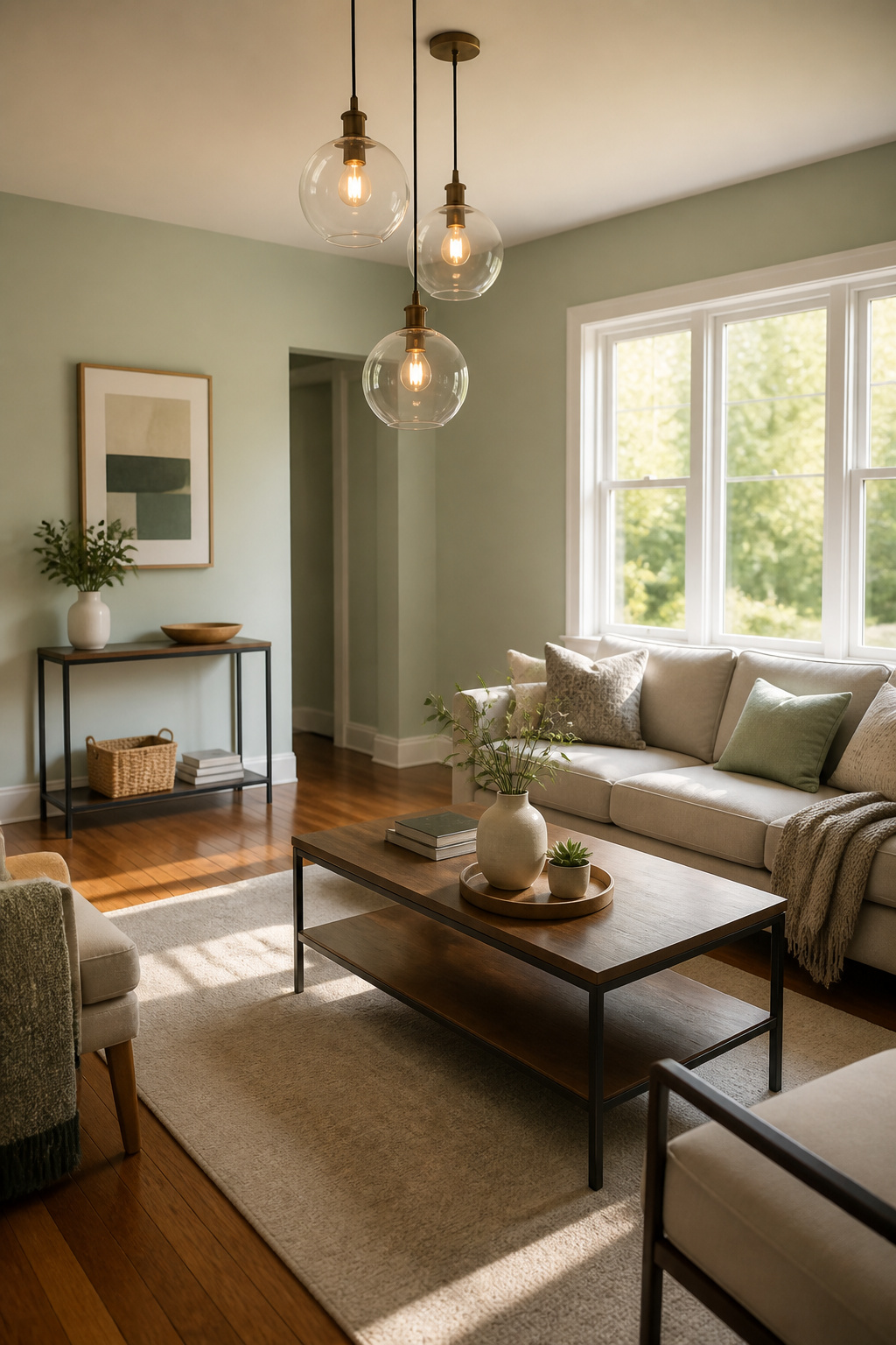 A renovated living room with fresh paint and new flooring.