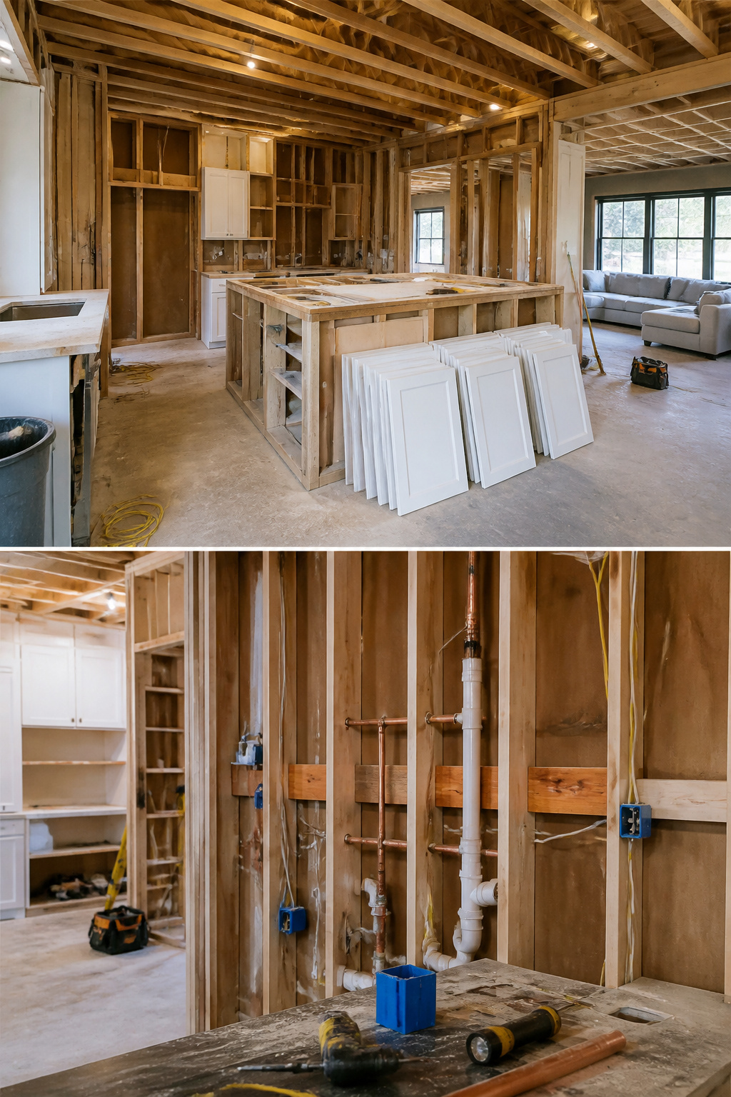 A kitchen undergoing renovation with construction materials visible.