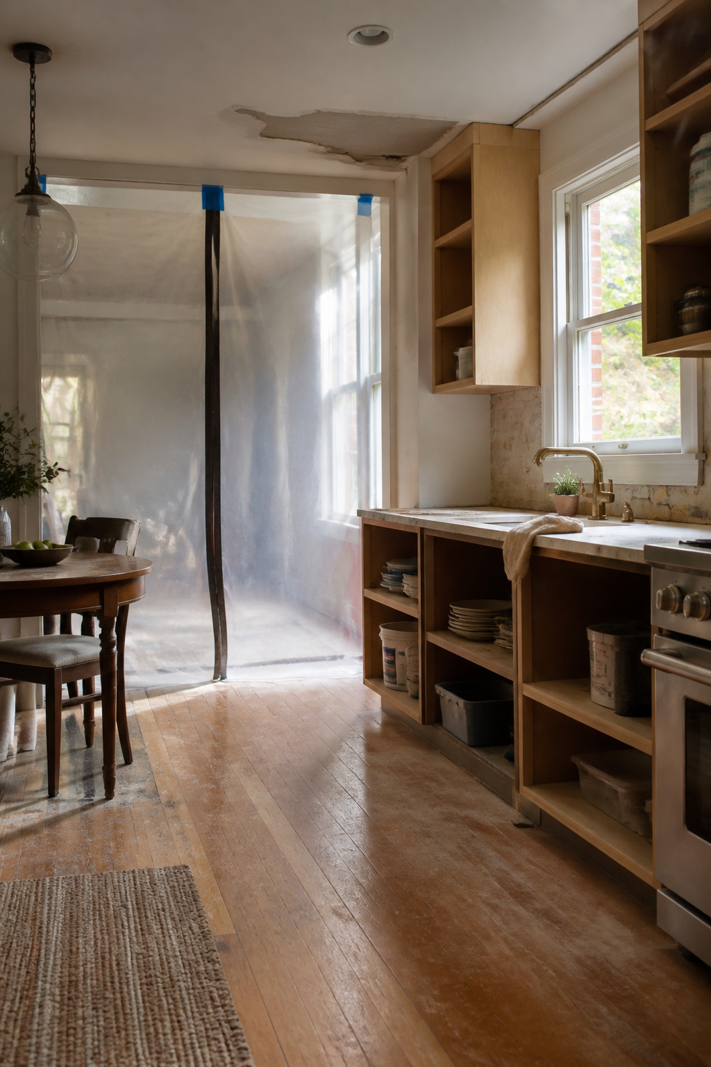 A kitchen in renovation with construction materials and a makeshift dining area.