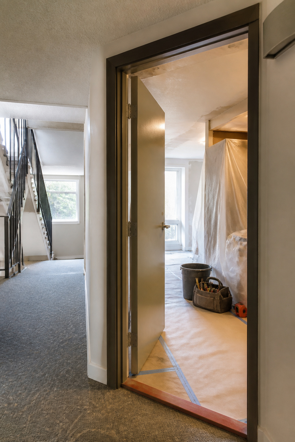 A condo hallway with a partially opened door to a unit under renovation.