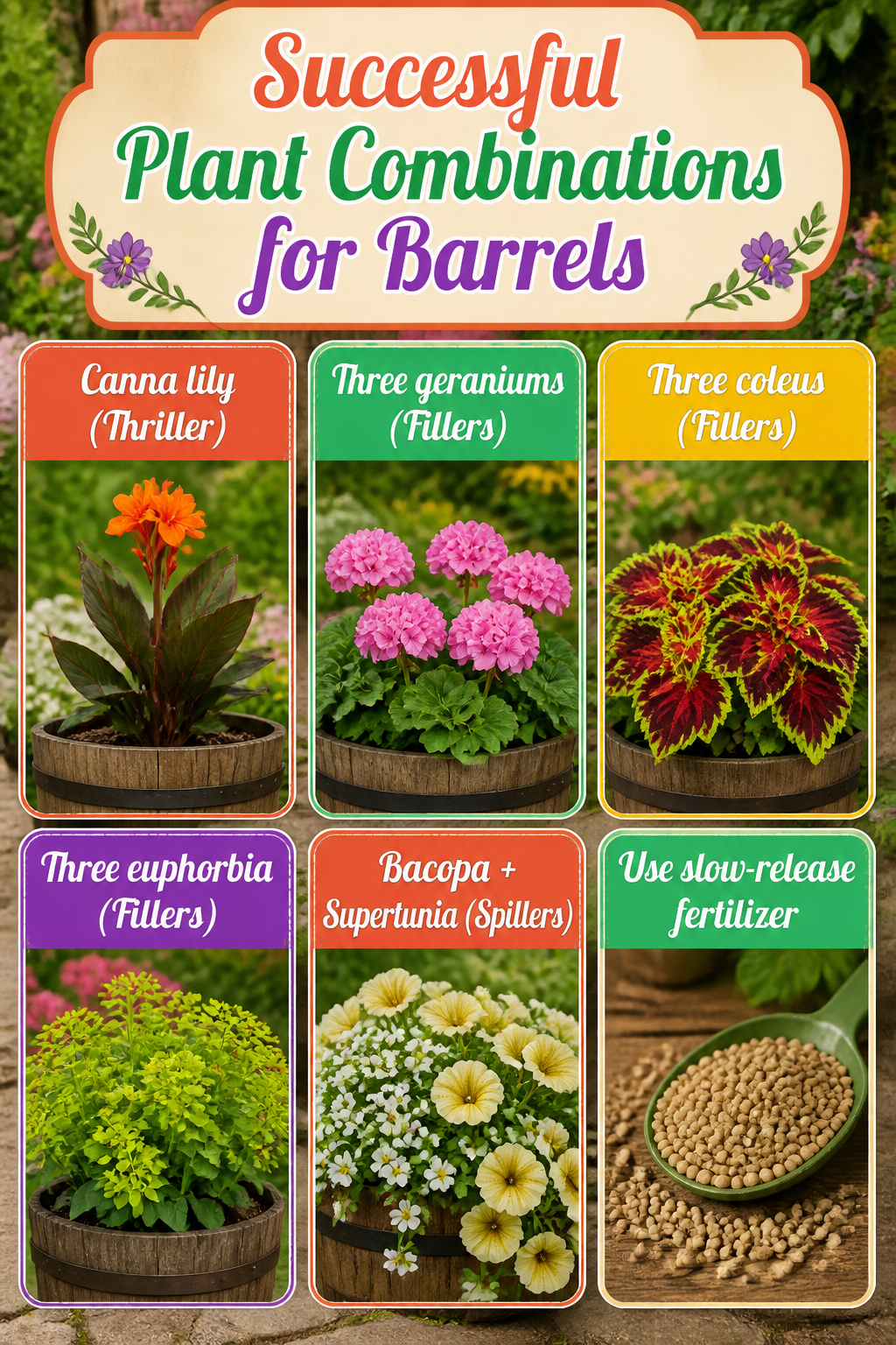 8 Barrel Planter Ideas for Flowers, Herbs, Vegetables & More 11 A barrel planter using the thriller-filler-spiller method with various plants.