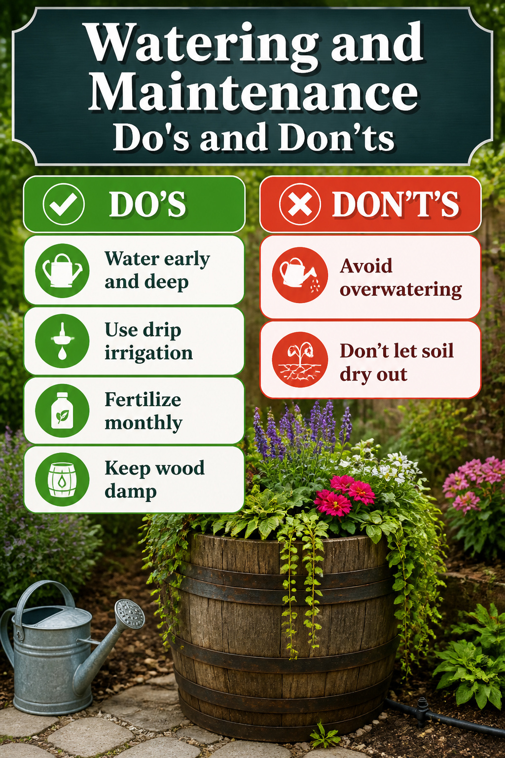 8 Barrel Planter Ideas for Flowers, Herbs, Vegetables & More 12 Guidelines for watering and maintaining barrel planters.