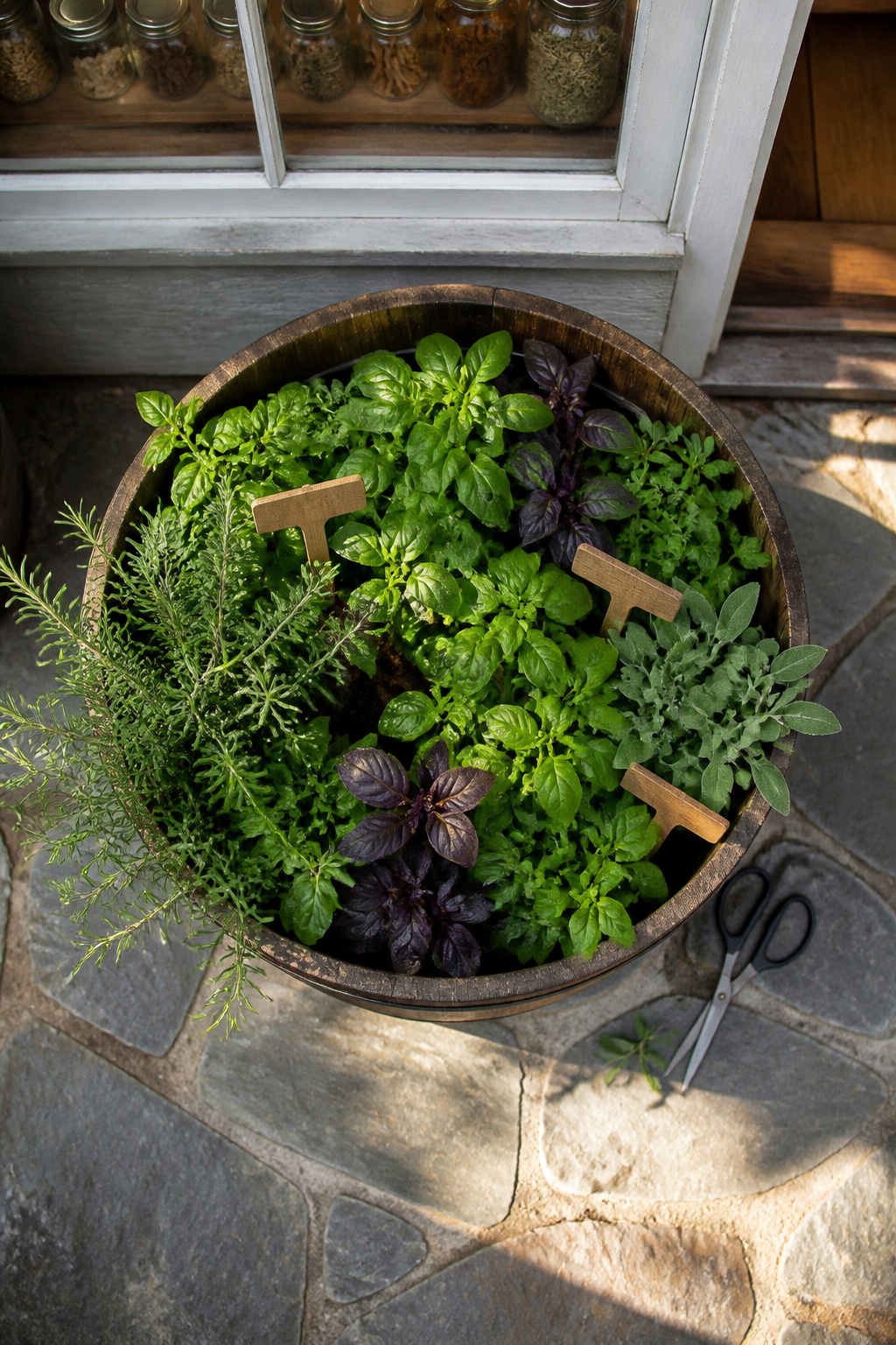 8 Barrel Planter Ideas for Flowers, Herbs, Vegetables & More 2 A barrel planter filled with various herbs near a kitchen door.