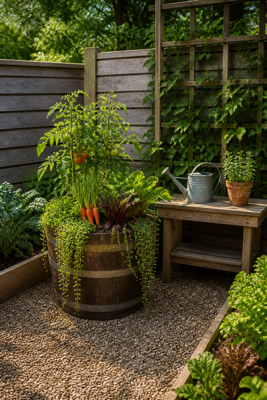 8 Barrel Planter Ideas for Flowers, Herbs, Vegetables & More 3 A barrel planter containing tomato plants and root vegetables.
