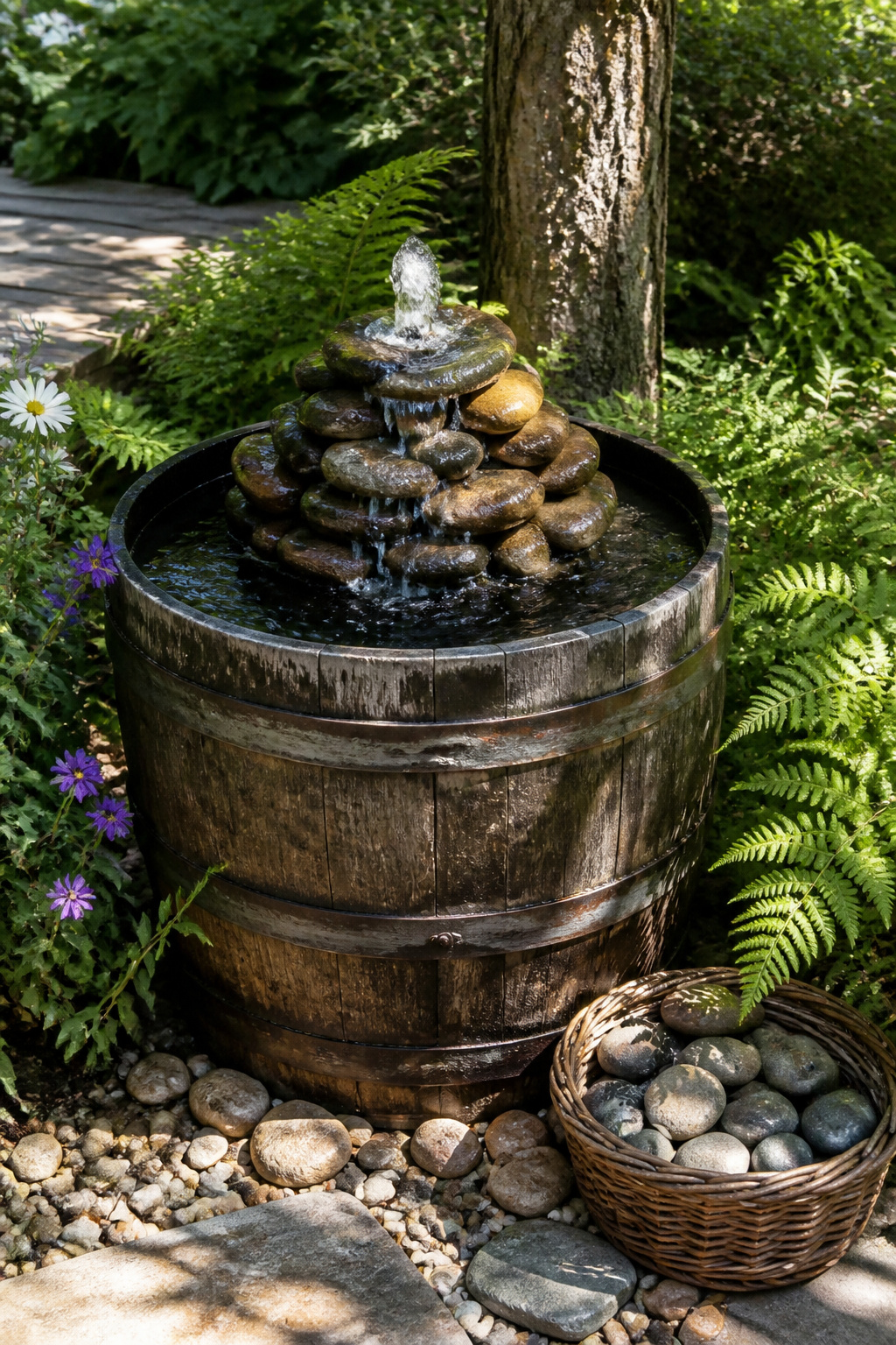 8 Barrel Planter Ideas for Flowers, Herbs, Vegetables & More 5 A whiskey barrel serving as a water feature in a garden.