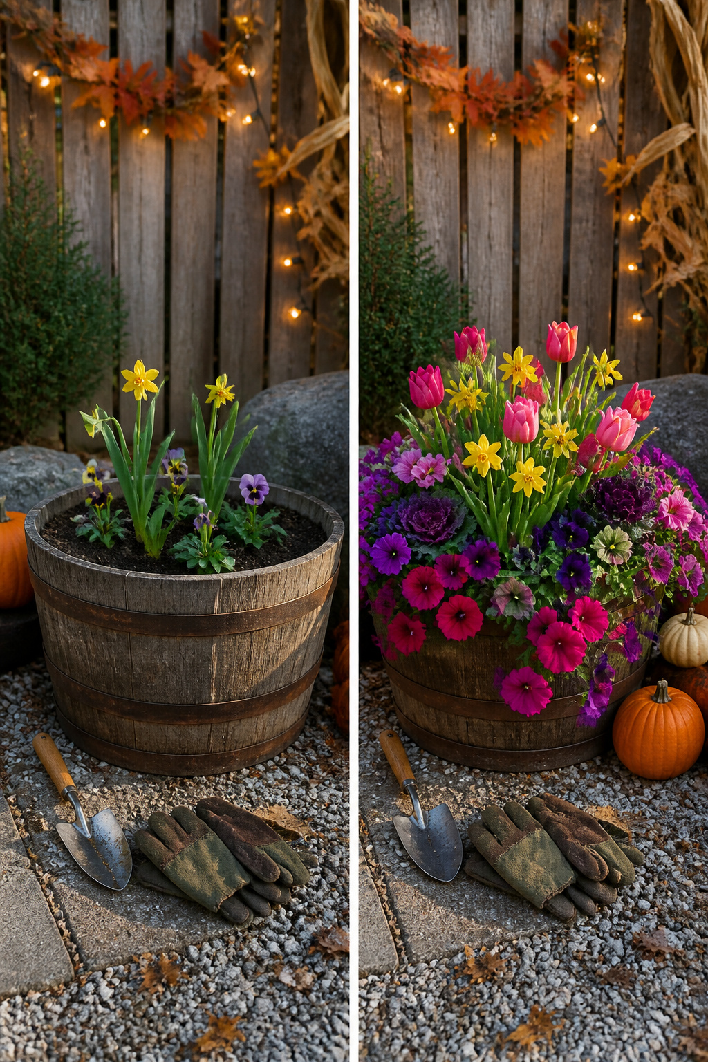 8 Barrel Planter Ideas for Flowers, Herbs, Vegetables & More 6 A barrel planter showcasing seasonal plants throughout the year.
