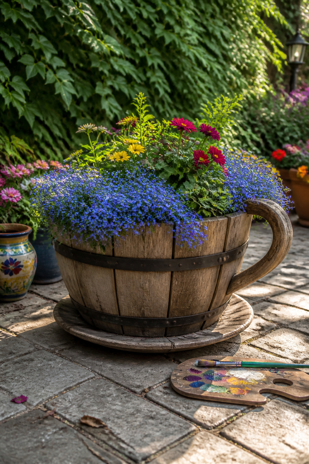 8 Barrel Planter Ideas for Flowers, Herbs, Vegetables & More 7 A teacup-shaped planter crafted from barrel staves.