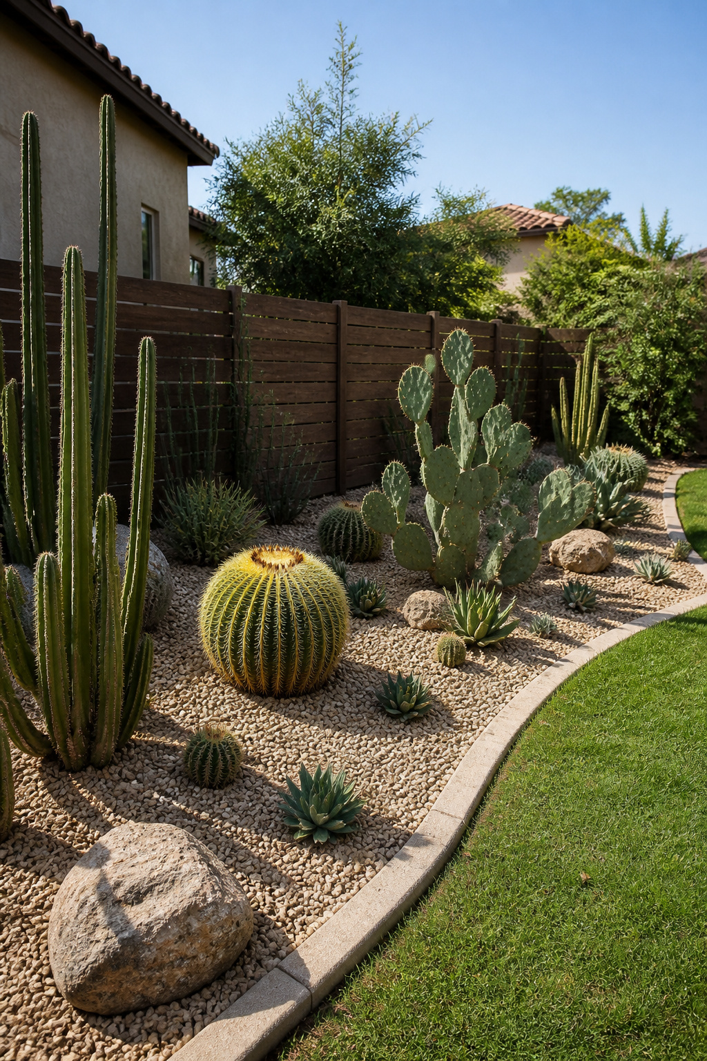 Cacti growing in a yard, showcasing various cold-hardy varieties.