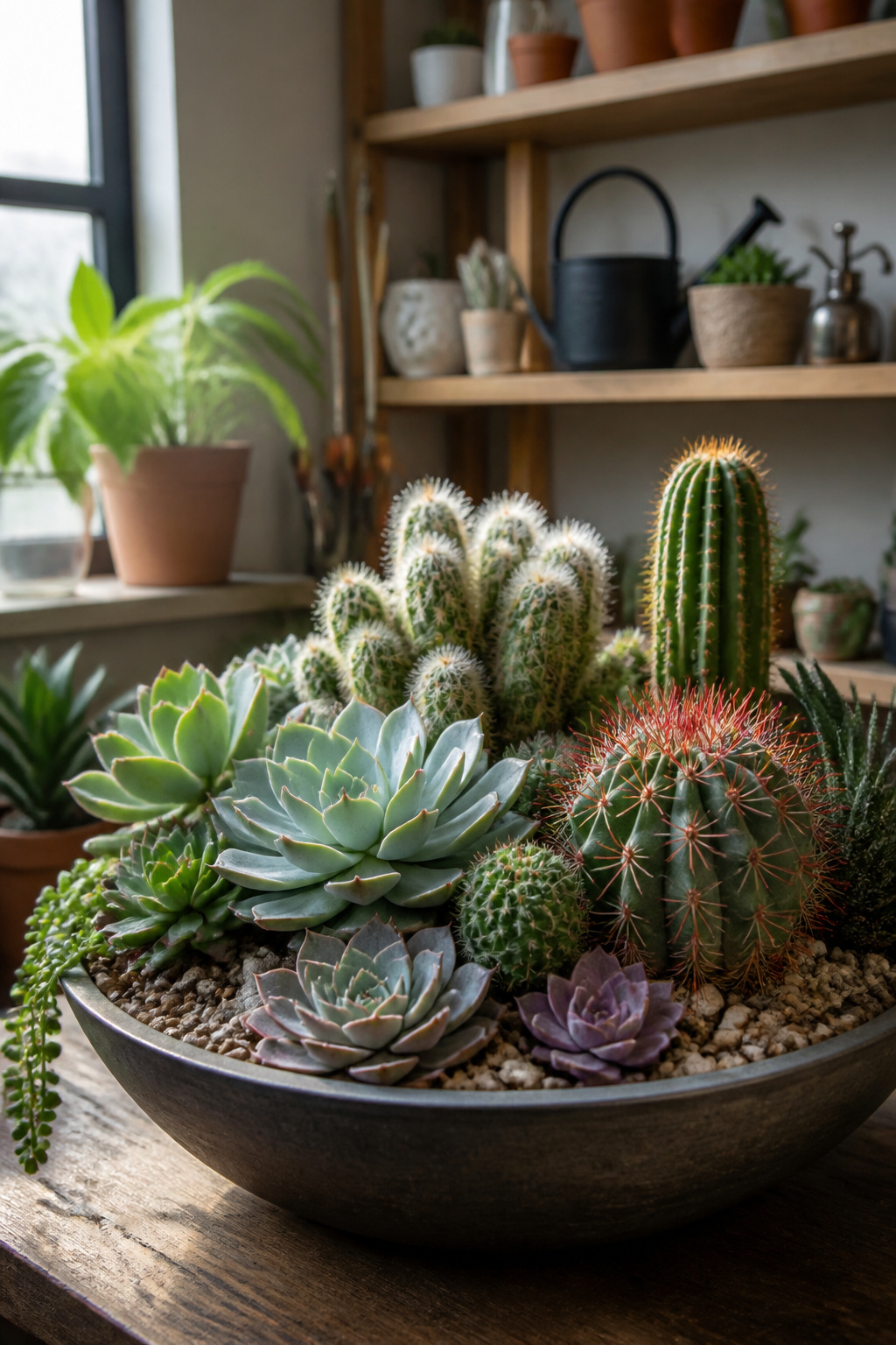 A planter combining cacti and succulents in an aesthetic arrangement.