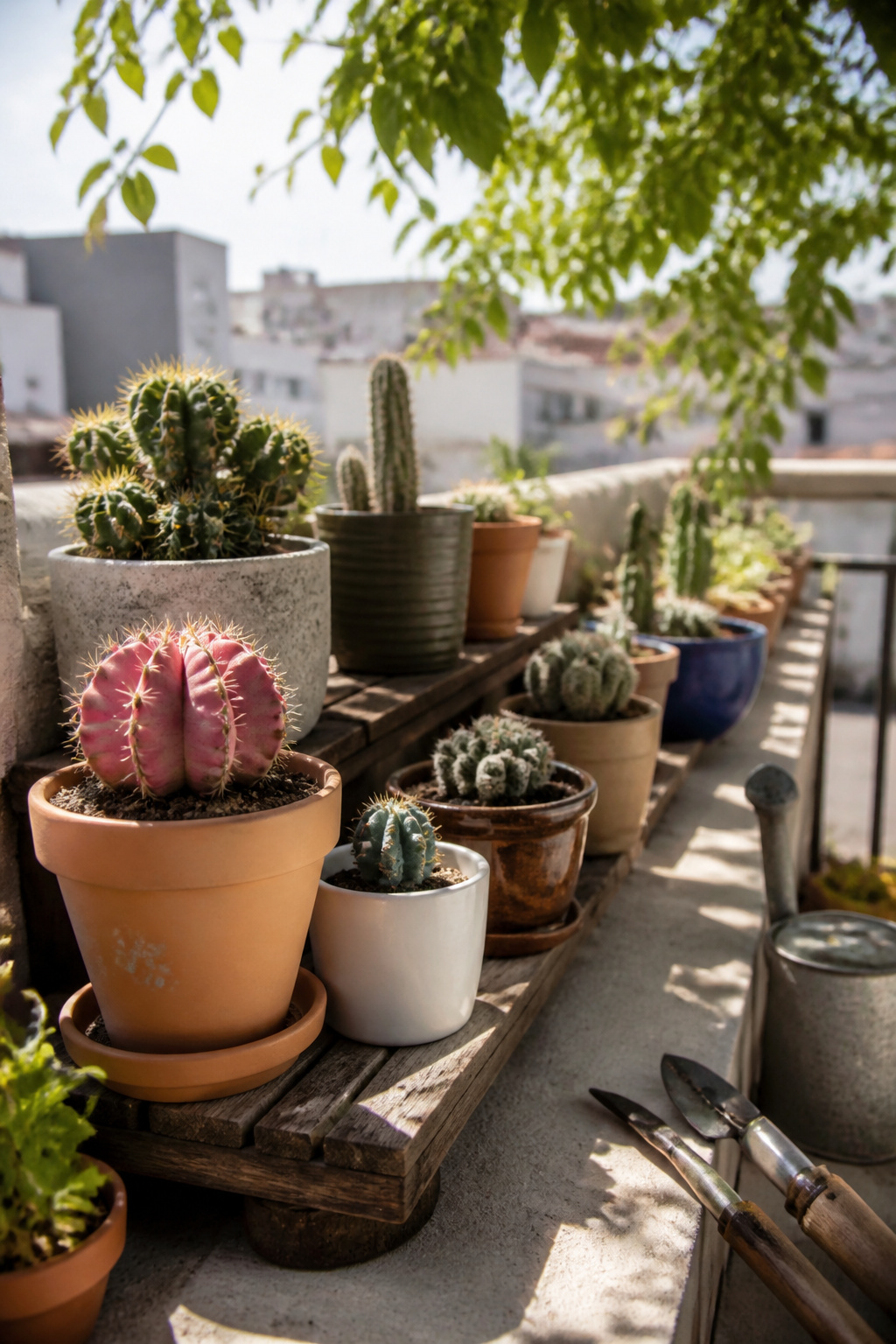 A collection of container cacti in colorful pots on a balcony.