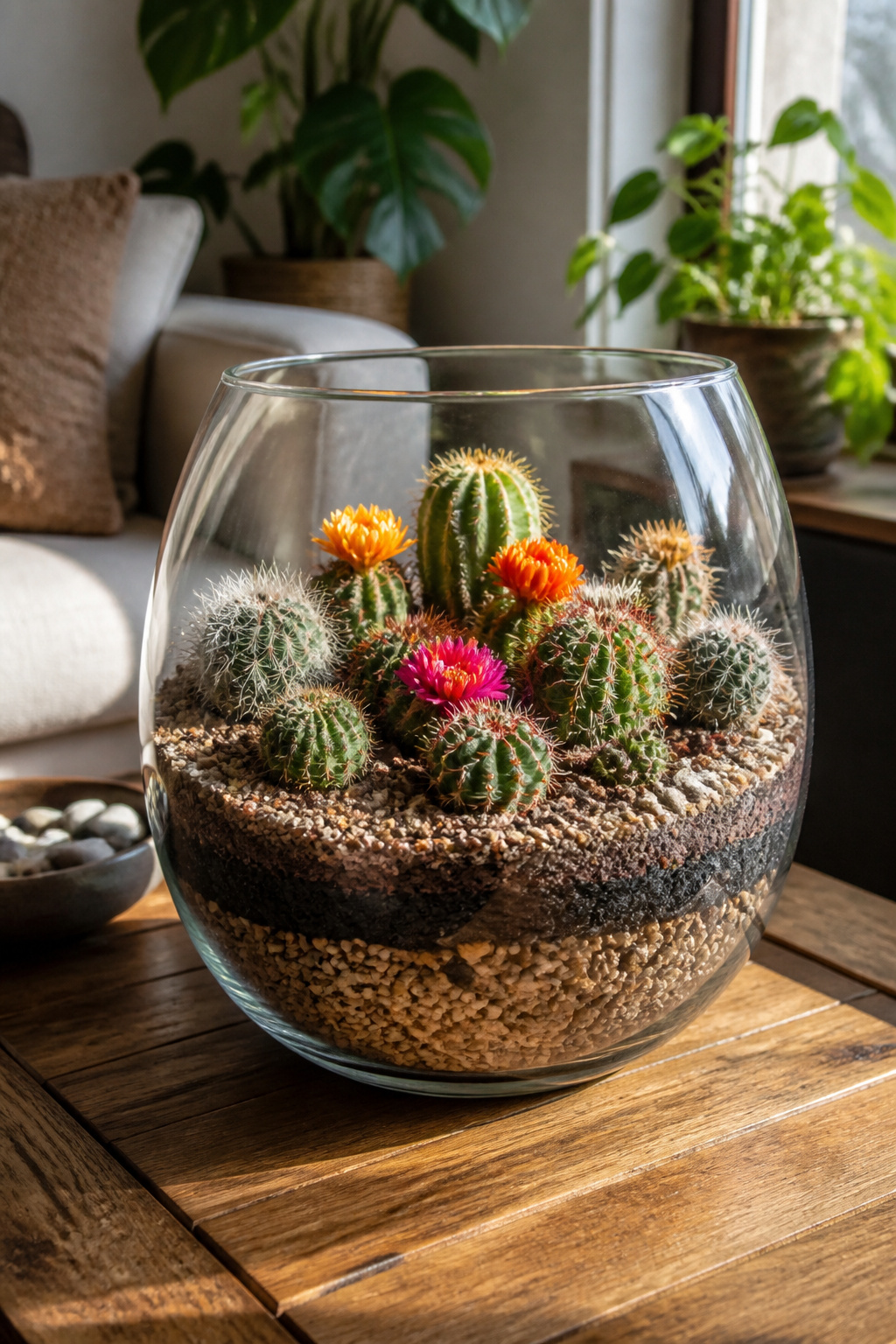A glass terrarium containing various small cacti and decorative layers.
