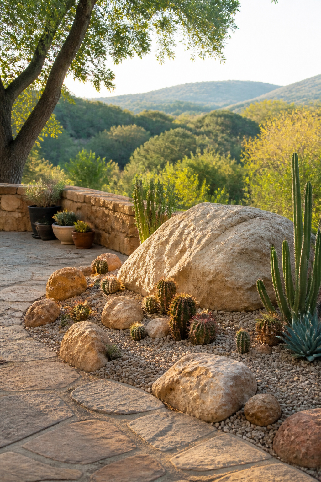 Cacti integrated into a rock garden with various stones and gravel.